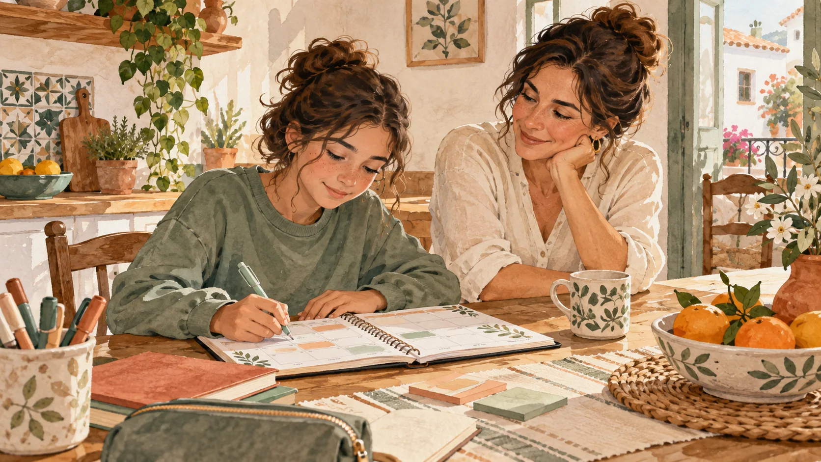 Una adolescente escribe en una agenda semanal sobre la mesa de la cocina mientras su madre observa a su lado