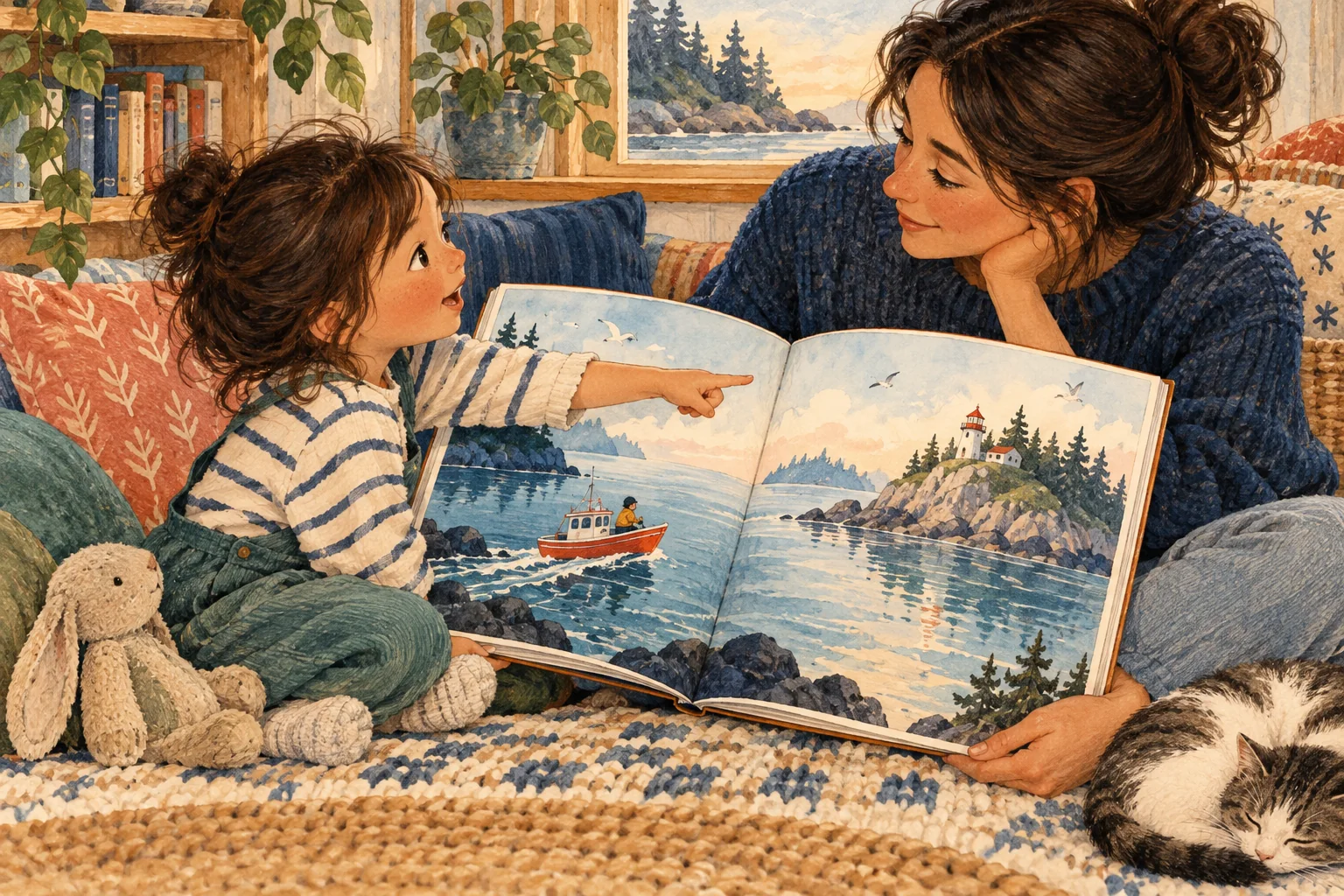 Una niña señala una escena de barco y faro en un álbum ilustrado abierto mientras una adulta escucha su interpretación