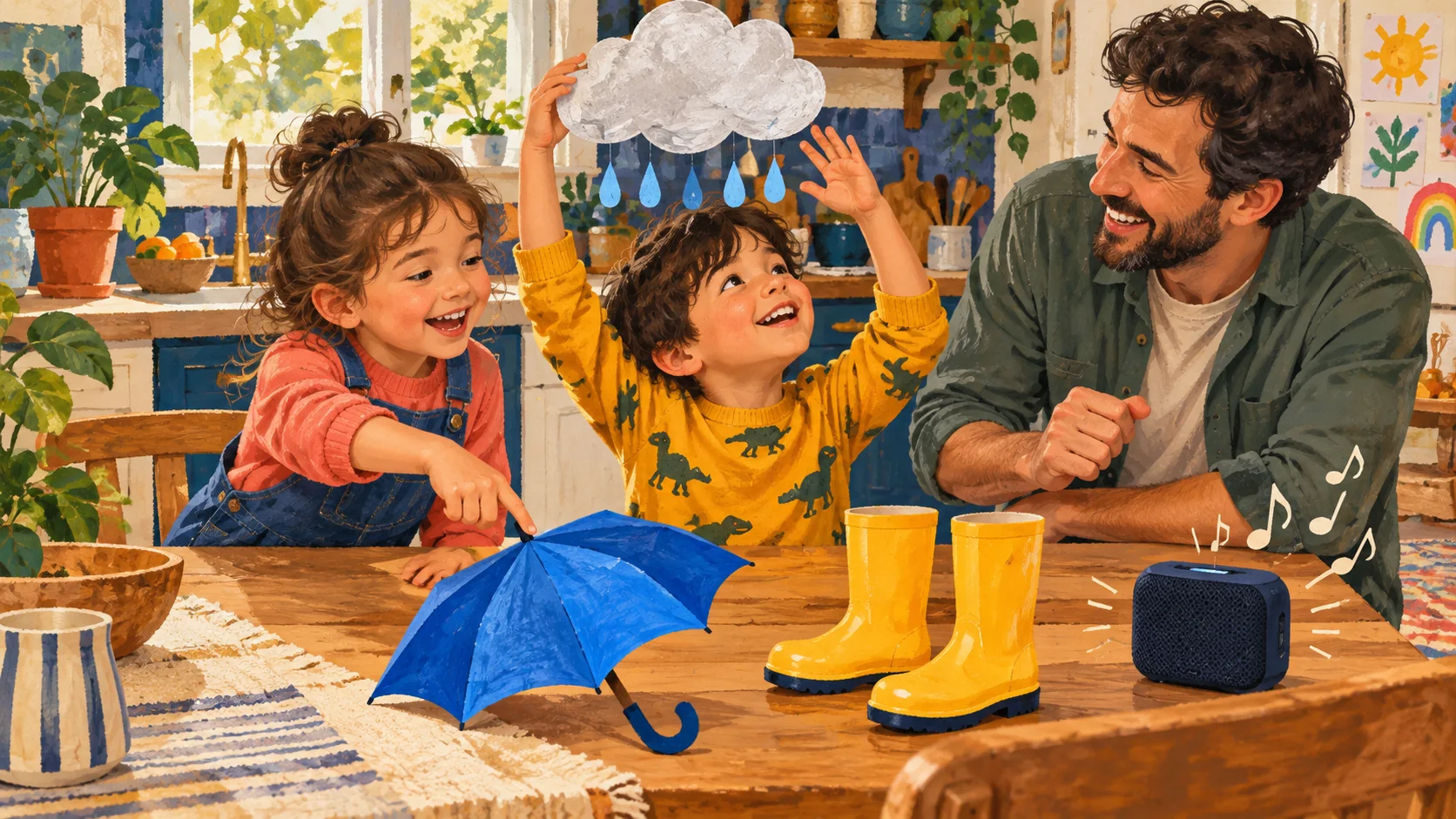 Dos niños y su padre escuchan música en la cocina y usan una nube de papel, un paraguas azul y unas botas amarillas para representar la lluvia