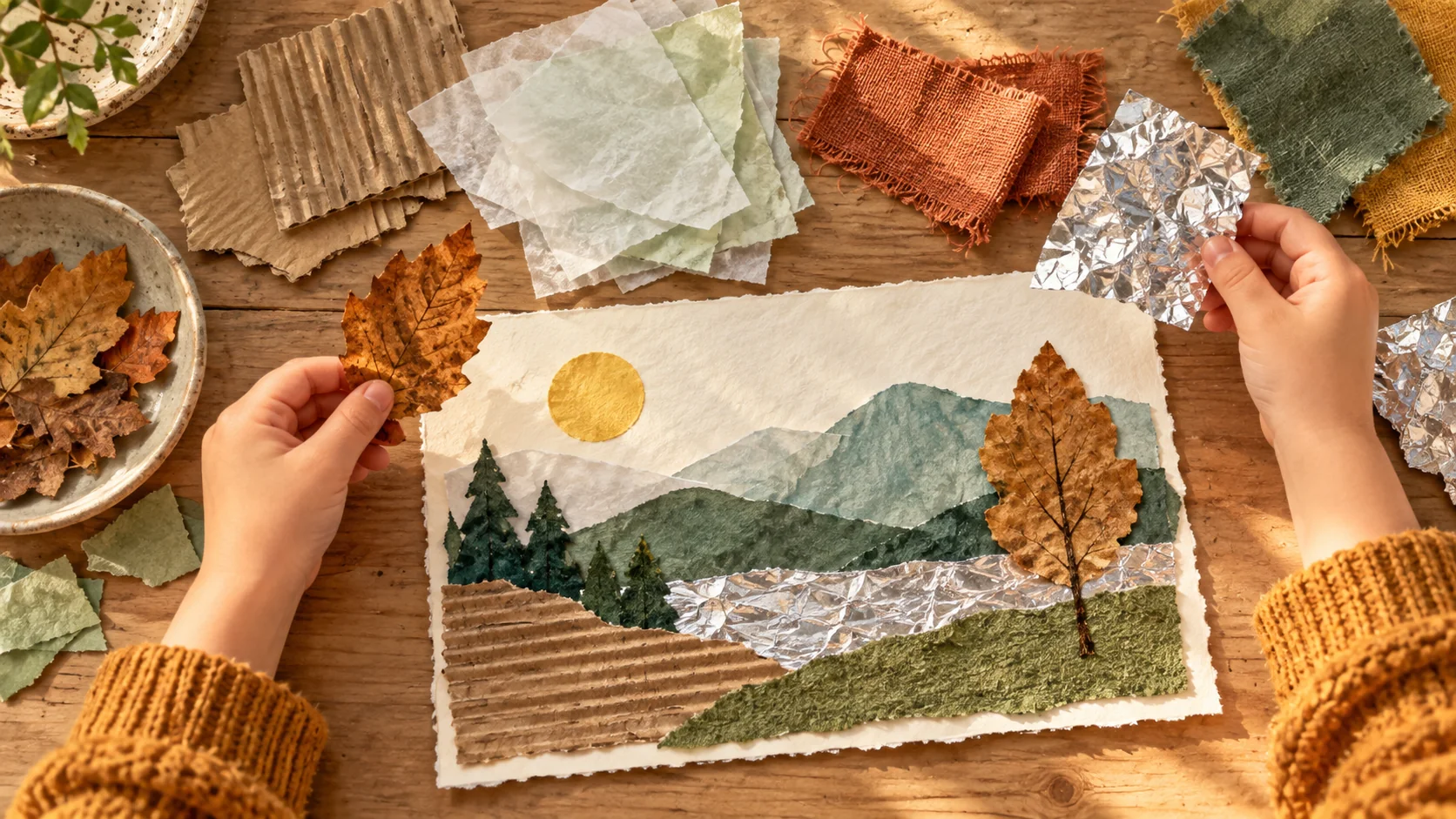 Dos manos sostienen una hoja seca y papel de aluminio sobre un collage de paisaje hecho con cartón, tela y papeles de distintas texturas