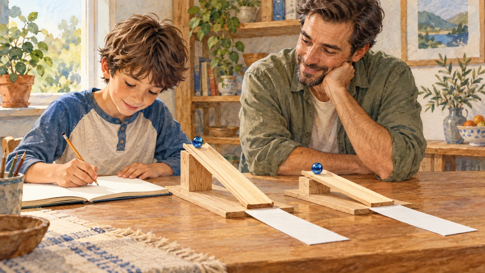 Un niño anota observaciones ante dos rampas de madera con distinta inclinación y una canica azul igual en cada una mientras su padre observa