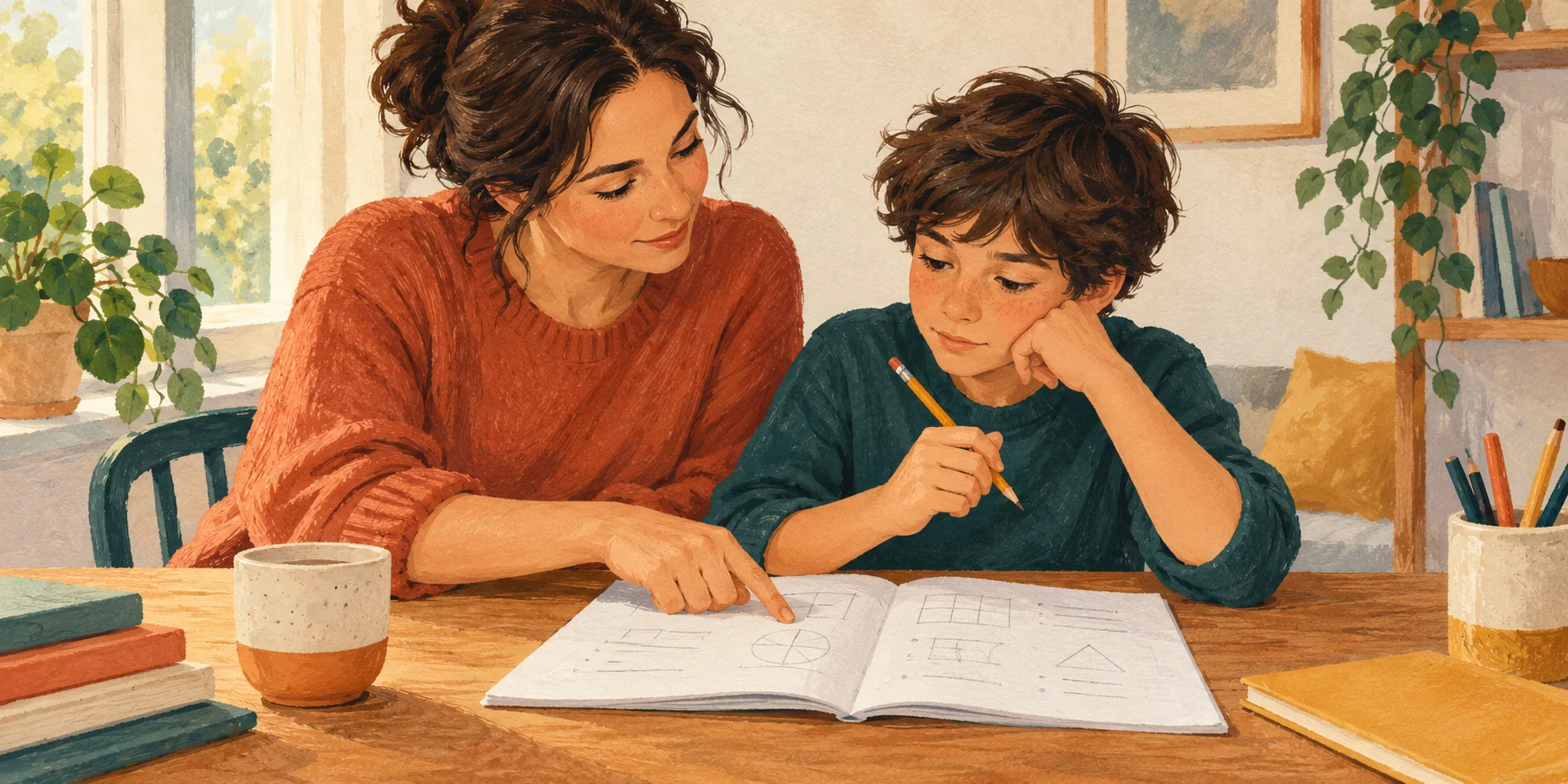 Una madre y su hijo revisan juntos un cuaderno abierto en una mesa, con atención al trabajo y sin gestos de reproche.