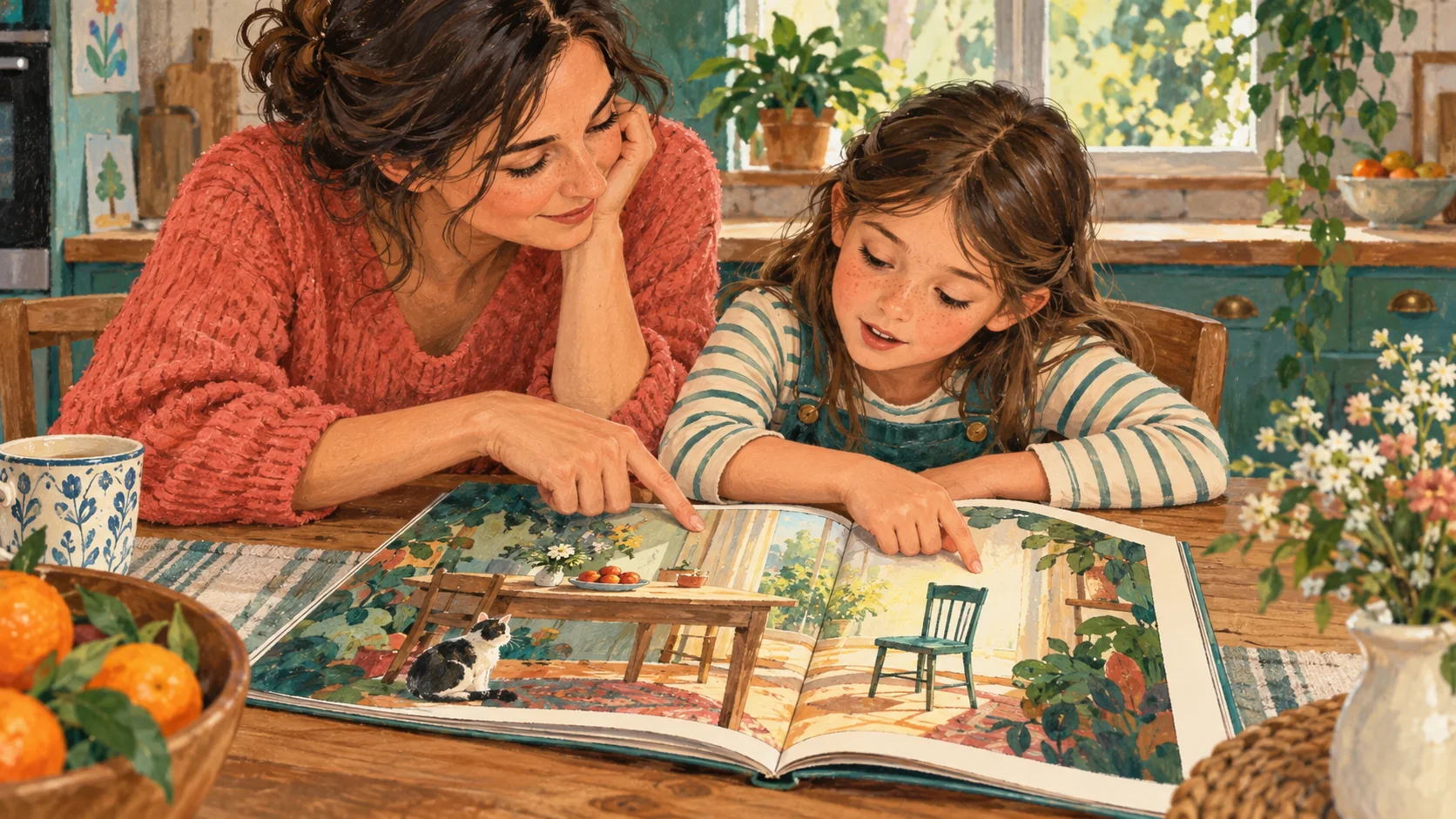 Una niña y su madre observan juntas un libro ilustrado abierto y señalan una silla vacía dibujada en una de las páginas