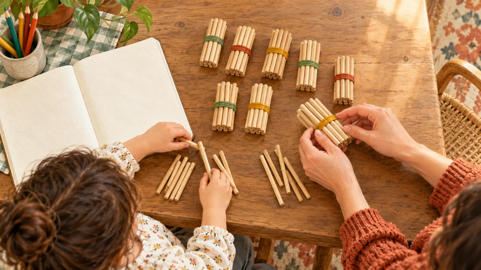 Un niño y una persona adulta agrupan palillos de madera en haces y unidades sueltas sobre una mesa