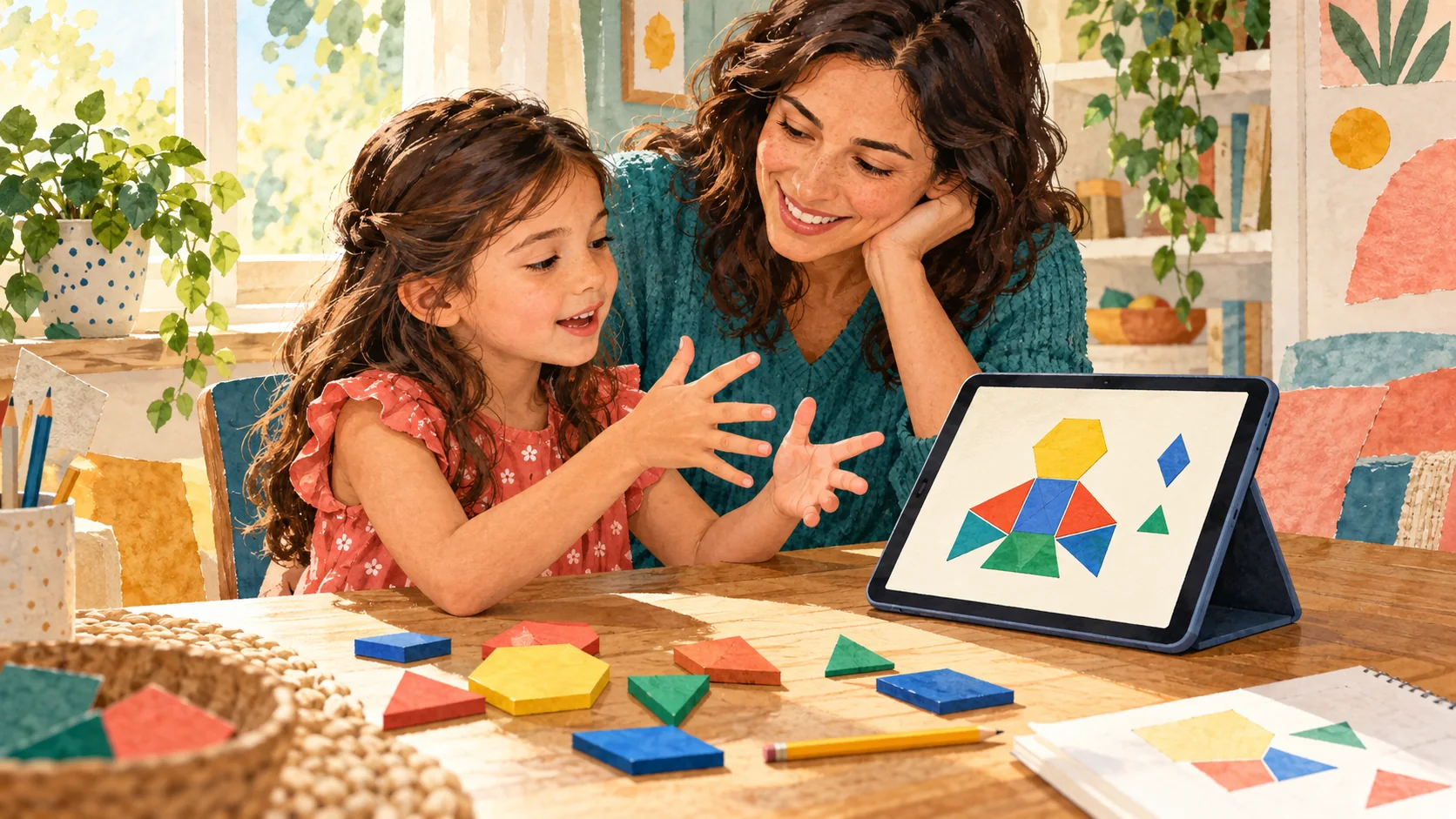 Una niña explica a su madre una figura geométrica que ve en una tableta, con piezas de colores sobre la mesa.