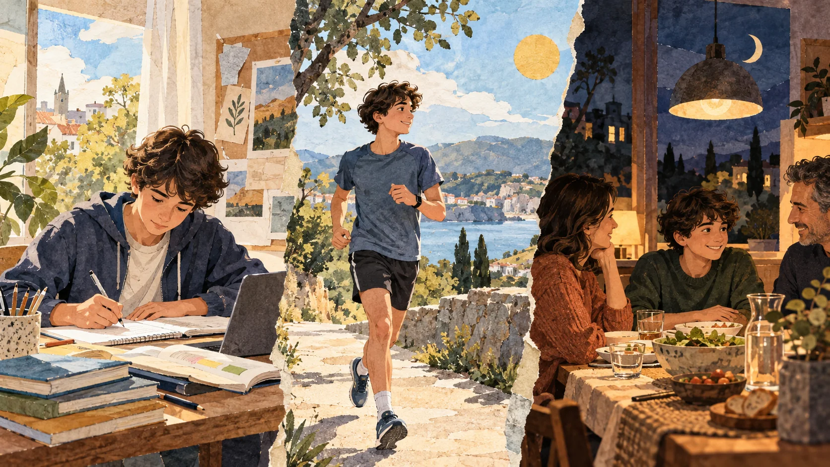 Tríptico ilustrado con estudio junto a una ventana, carrera al aire libre y cena familiar por la noche