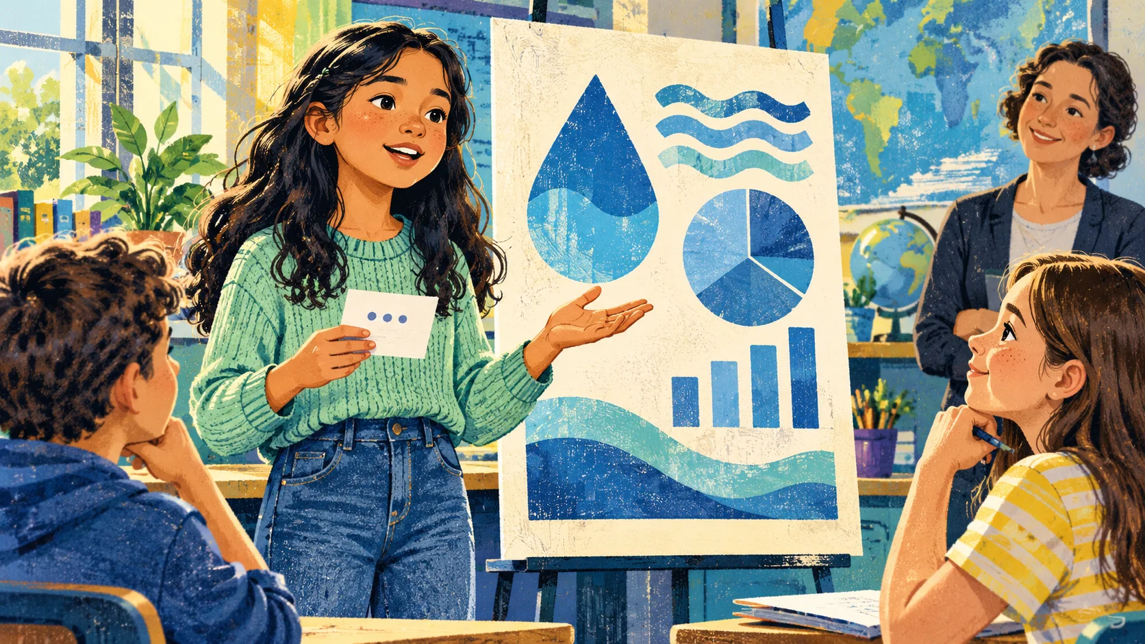 Una alumna explica un gráfico sobre el agua ante sus compañeros mientras consulta una pequeña tarjeta de ideas y la profesora escucha