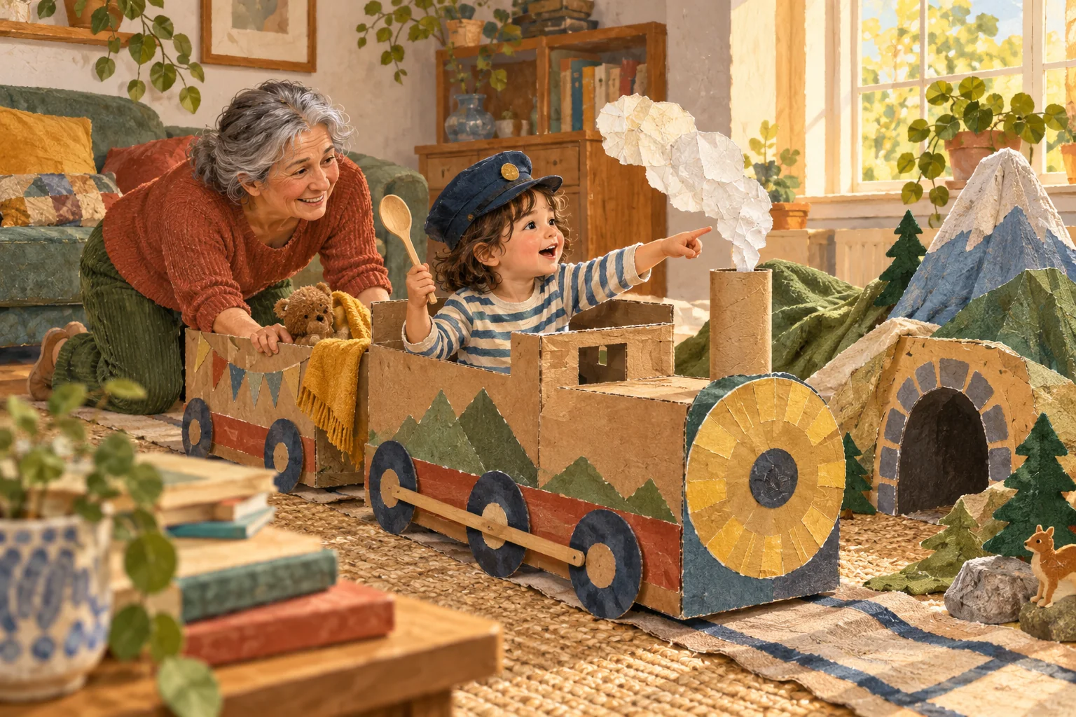 Un niño juega dentro de un tren hecho con cajas de cartón mientras una abuela lo acompaña; señala un túnel y una montaña de papel