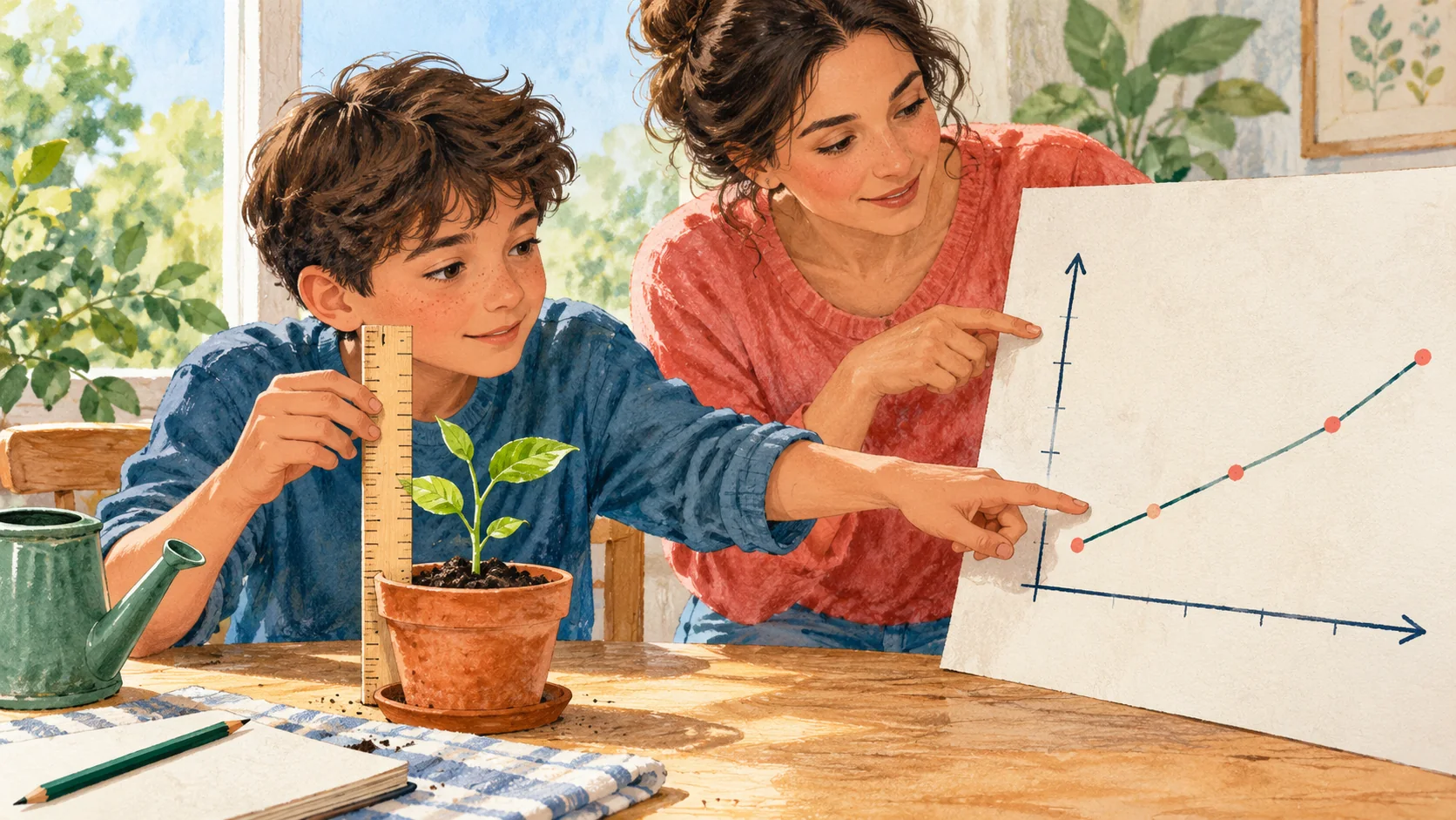 Un niño compara la altura de una planta con una regla mientras señala un punto de un gráfico de línea que su madre observa
