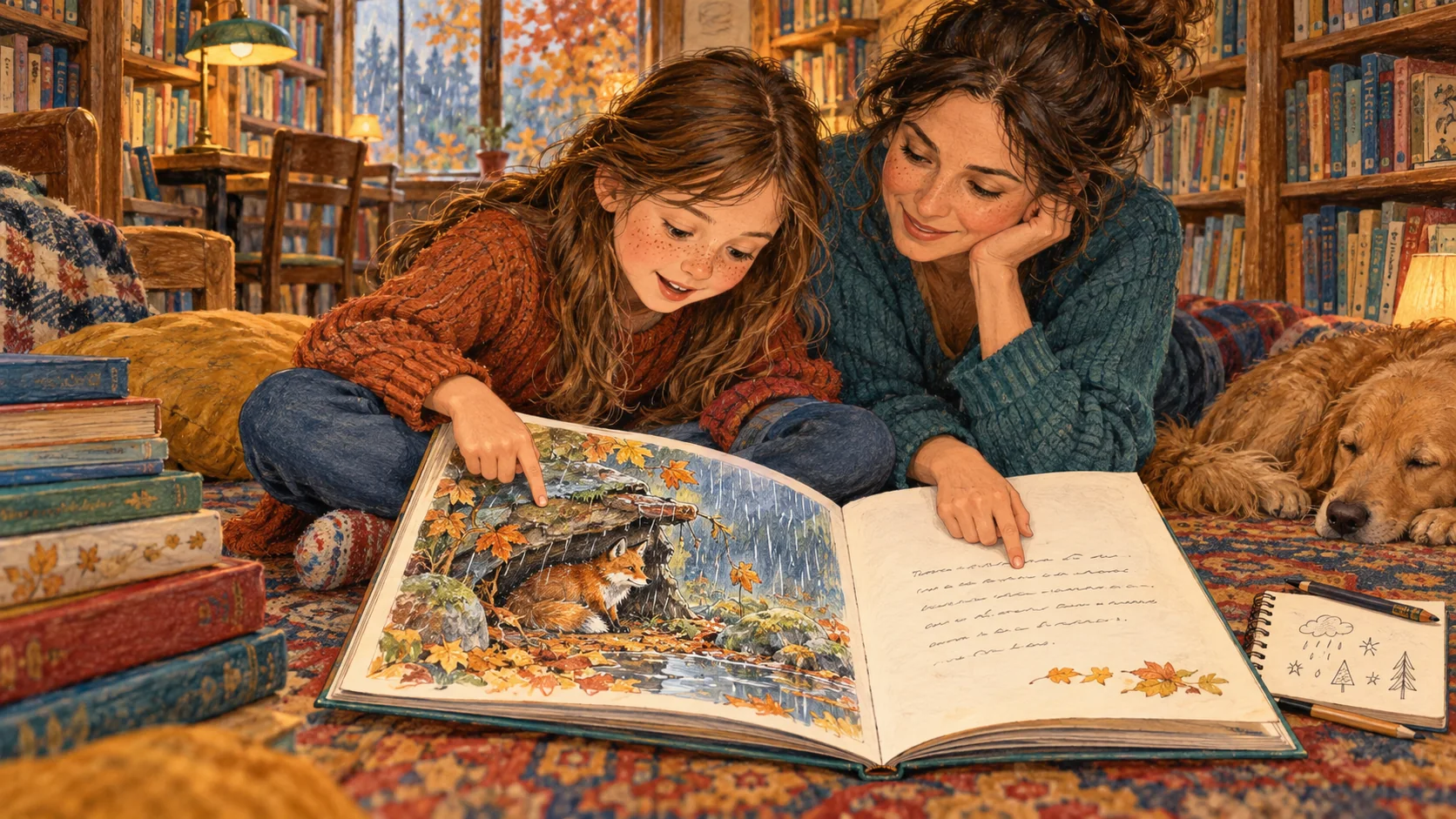 Una niña y una adulta leen juntas un álbum en una biblioteca y señalan la ilustración de un zorro resguardado de la lluvia
