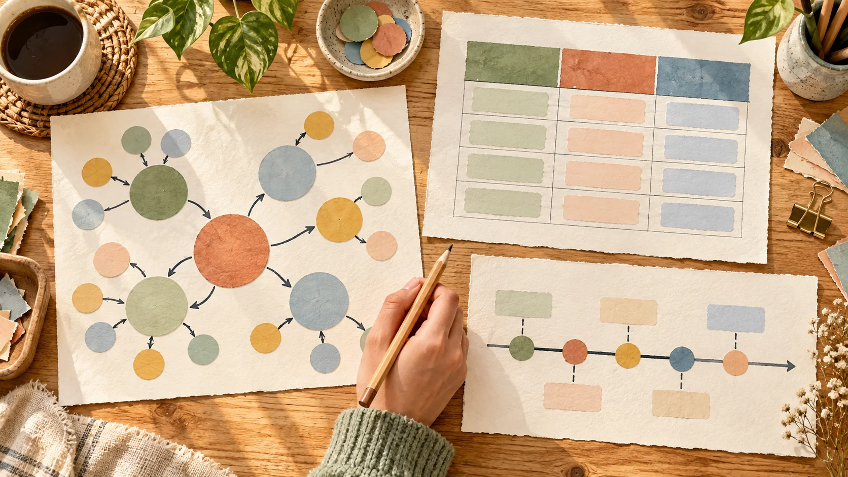 Tres hojas sobre una mesa muestran un mapa de círculos conectados, una tabla de comparación y una línea temporal