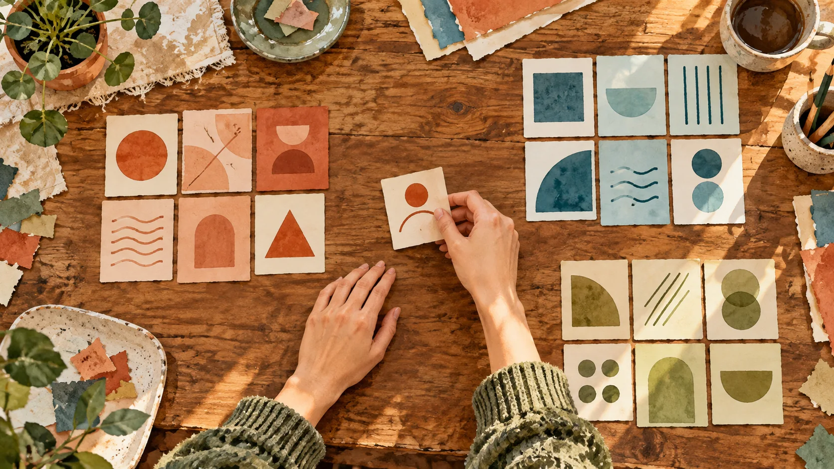 Manos que comparan grupos de tarjetas ilustradas con formas geométricas y eligen dónde colocar una tarjeta nueva