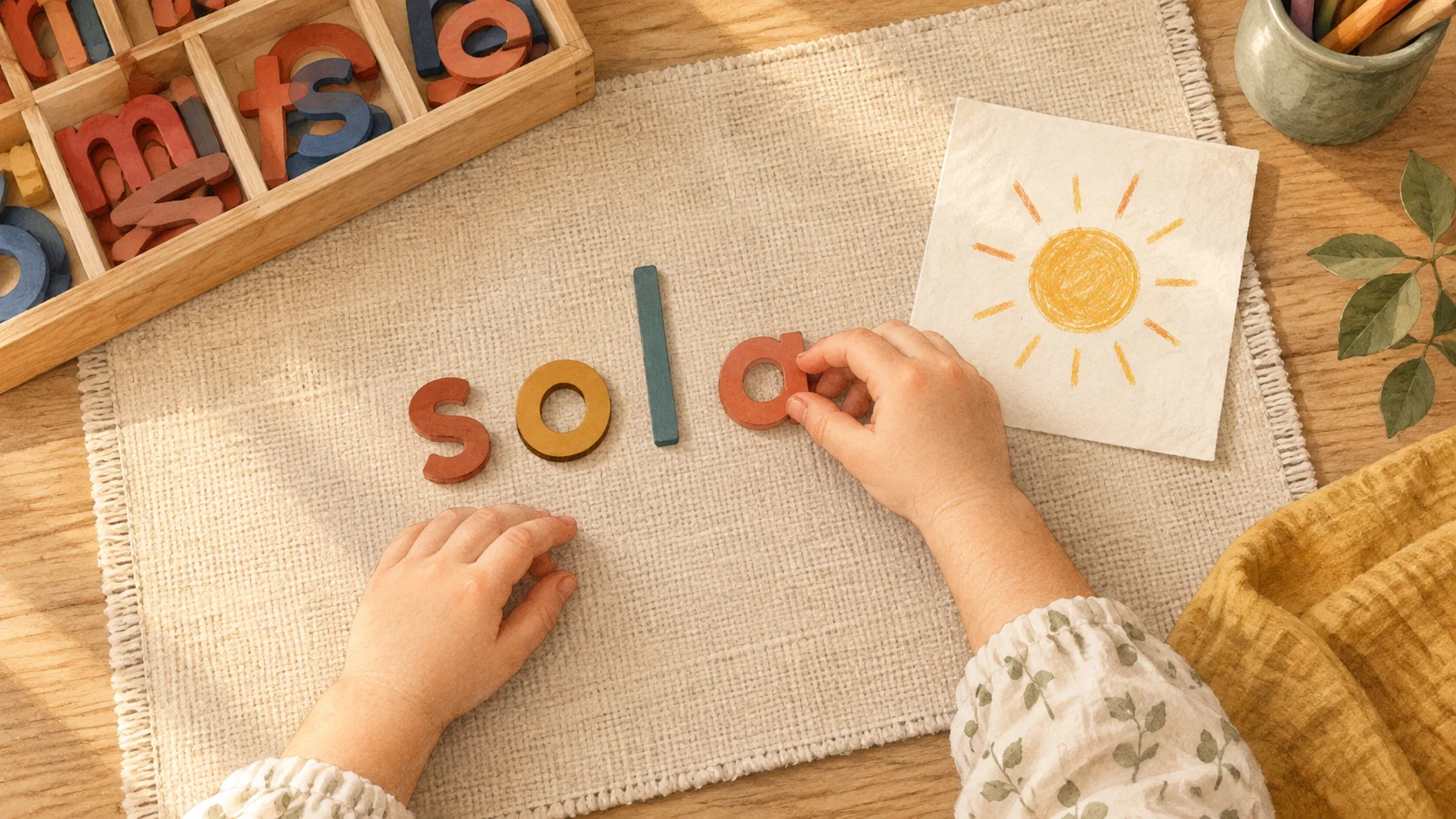 Unas manos infantiles ordenan letras móviles de madera sobre una alfombra junto a un dibujo de un sol