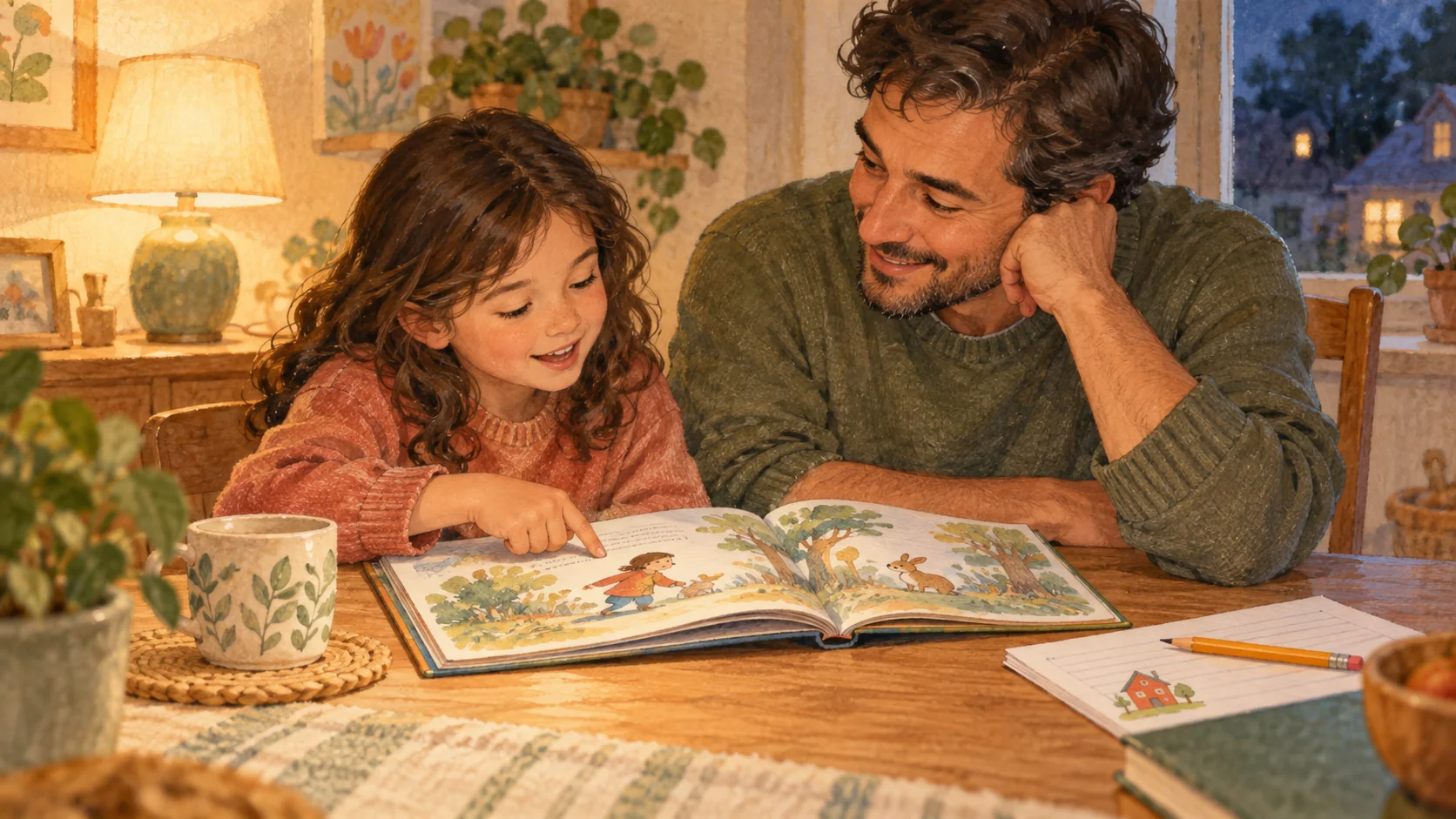 Un padre escucha a su hija mientras ella señala un pasaje de un cuento ilustrado en una mesa de casa.