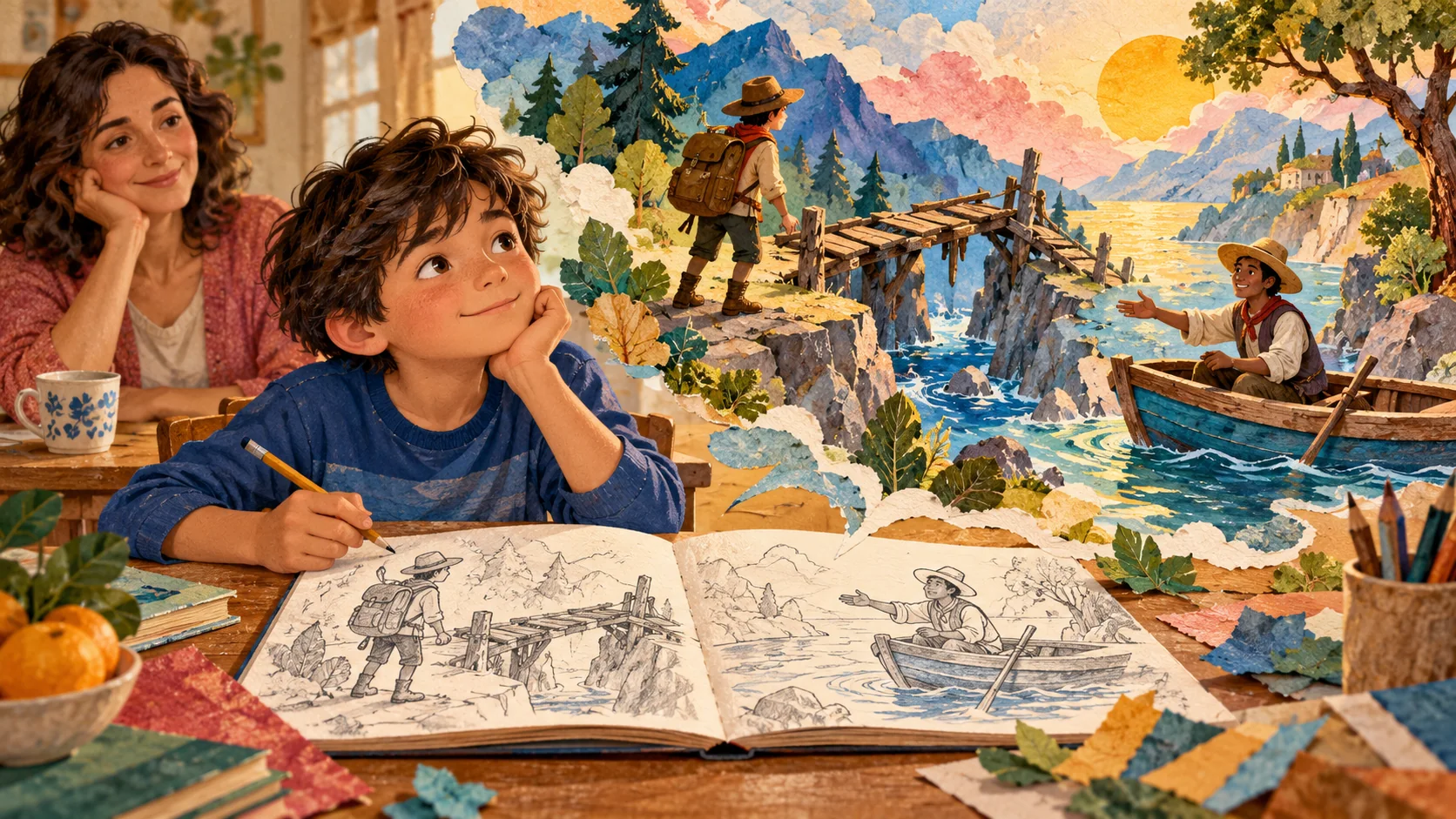 Un niño dibuja una historia en su cuaderno e imagina a una exploradora ante un puente roto y a una persona que ofrece ayuda desde una barca