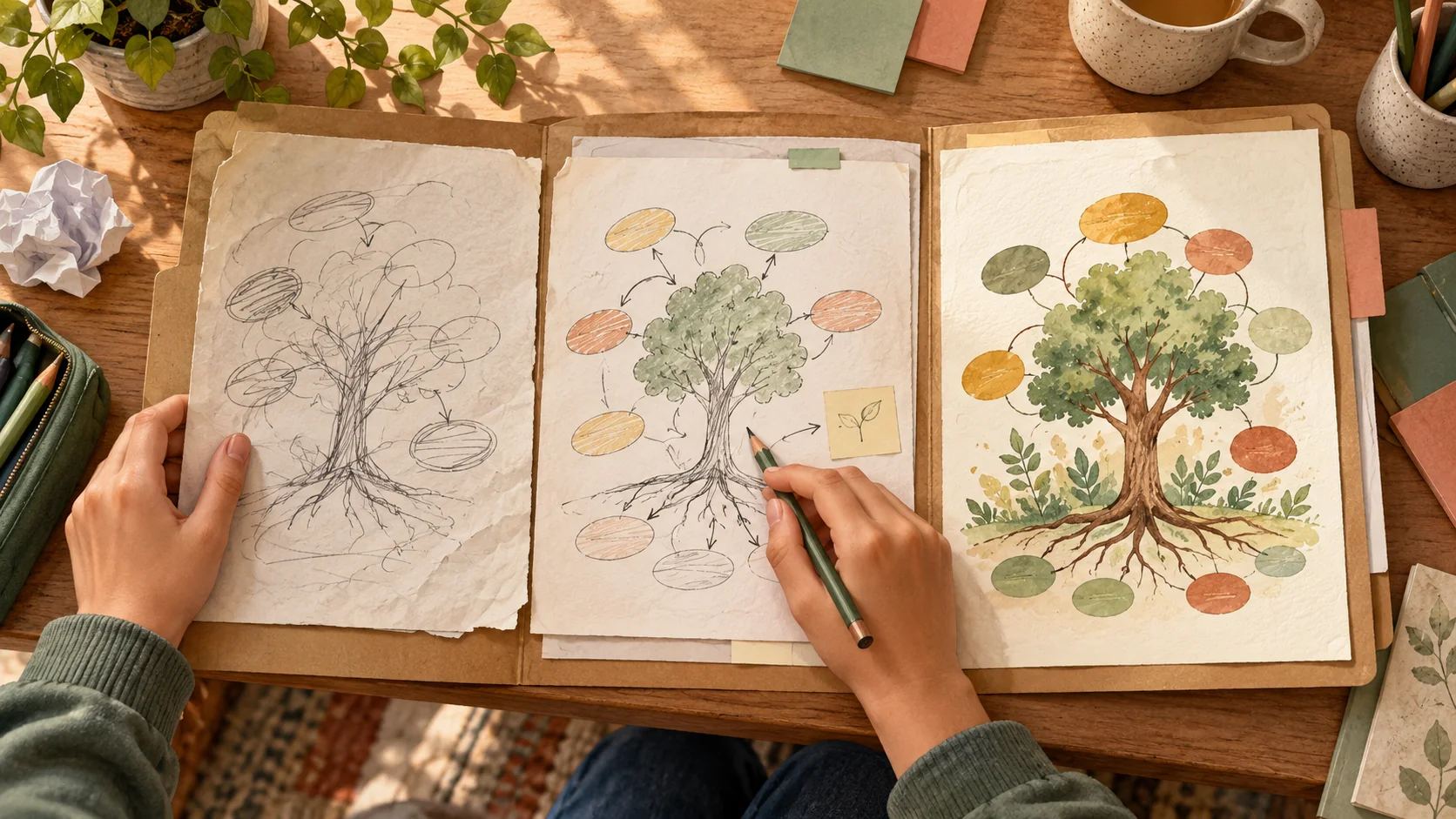 Una estudiante compara tres versiones de un esquema sobre un árbol, desde bocetos hasta una composición revisada