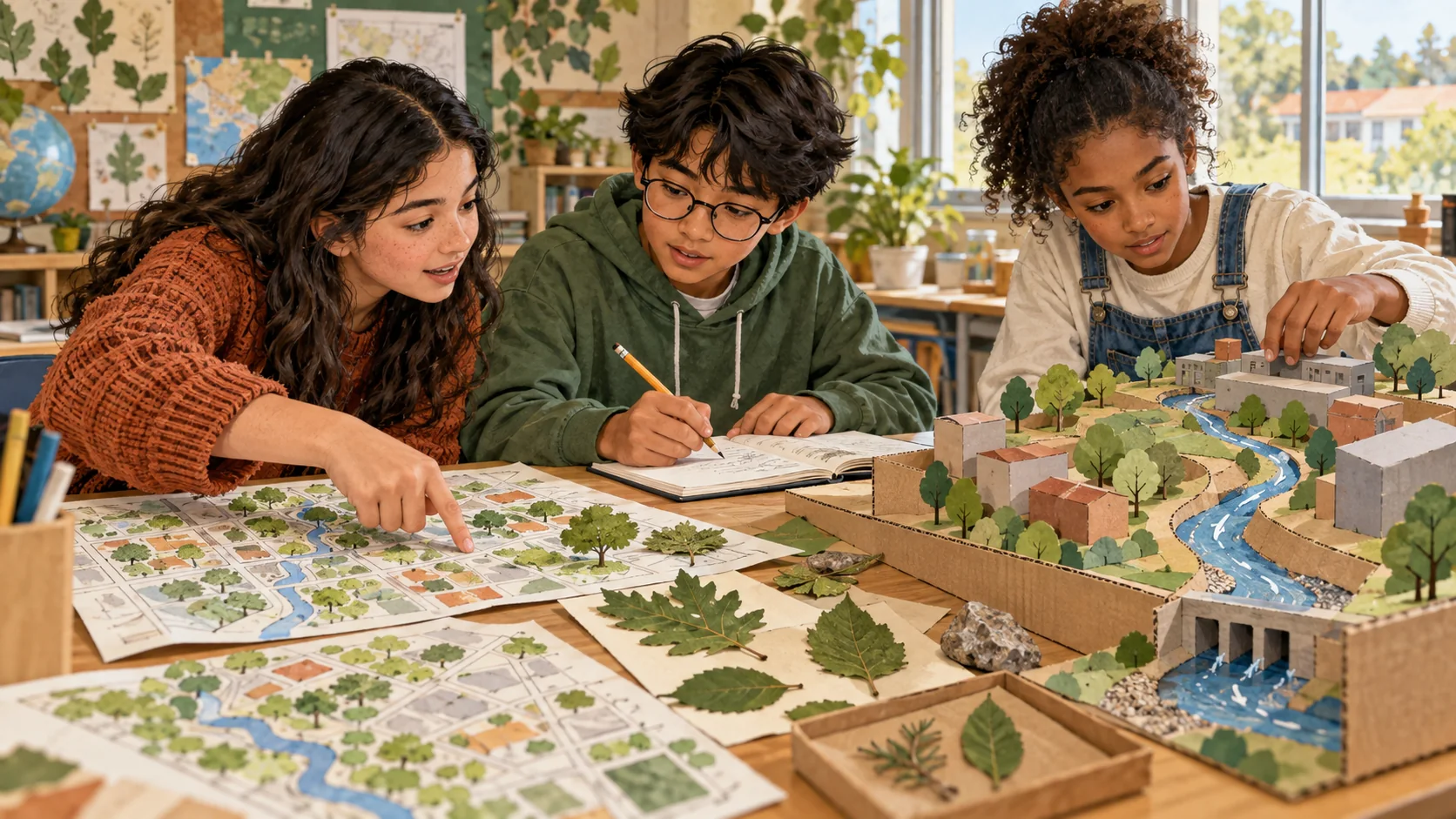 Tres estudiantes comparan mapas, muestras de hojas y una maqueta de cartón sobre el recorrido del agua