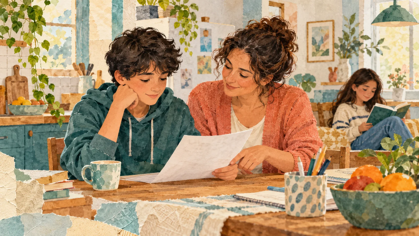 Una madre conversa con su hijo sobre una hoja escolar en la mesa de la cocina mientras otra hija lee al fondo