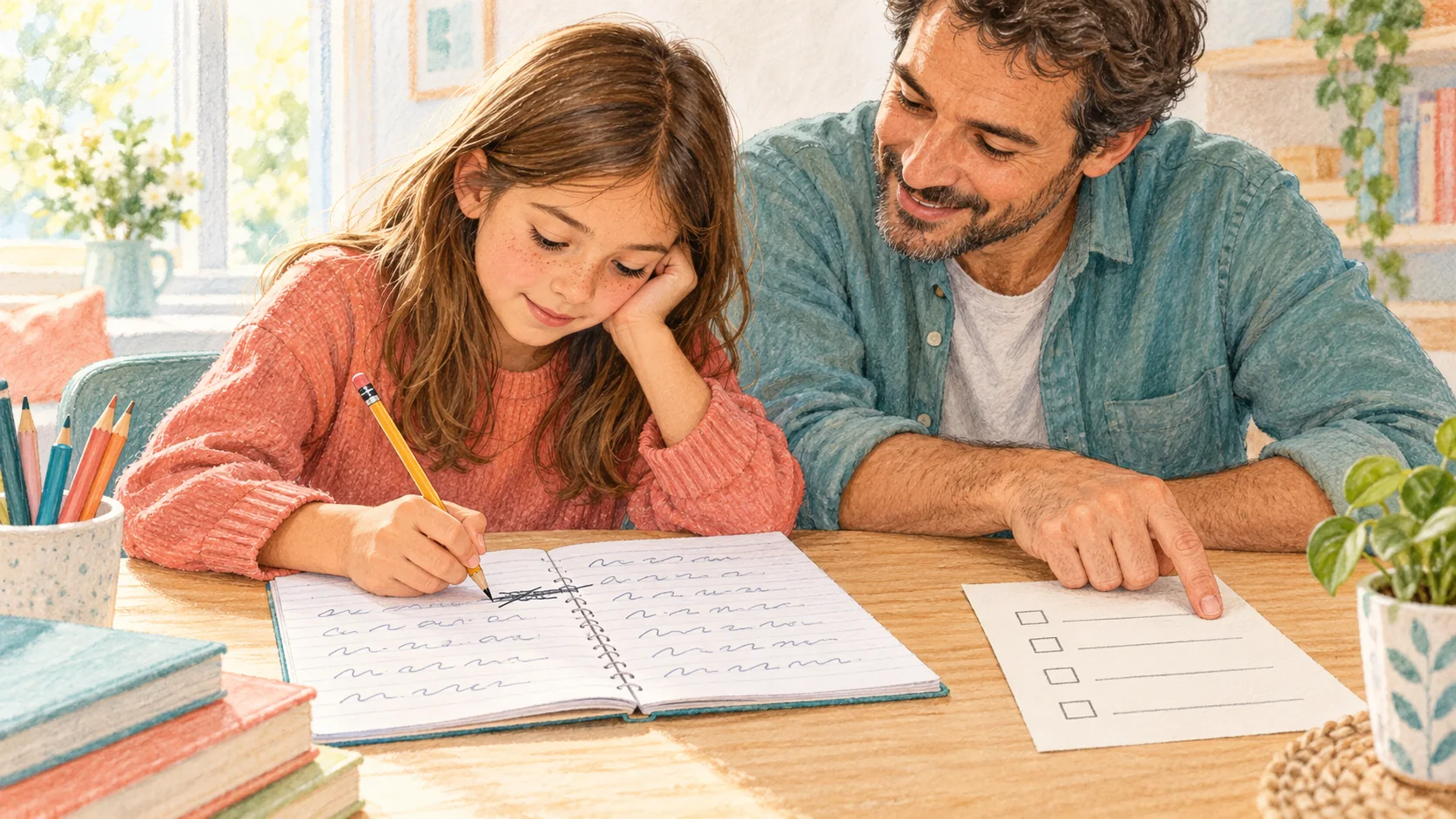 Una niña revisa con su propio lápiz un cuaderno mientras su padre señala una pauta de revisión sin escribir por ella.