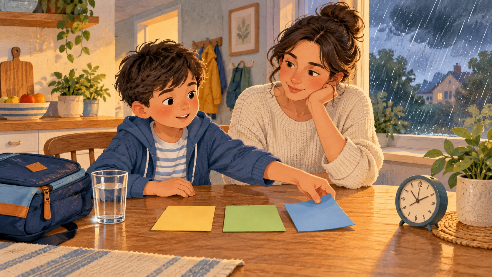 Un niño mueve una de tres tarjetas de planificación en la mesa mientras su madre escucha; fuera llueve.