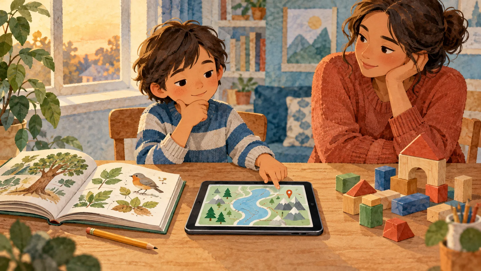 Un niño elige entre un libro ilustrado, una tableta con un mapa y piezas de madera mientras una adulta le acompaña.