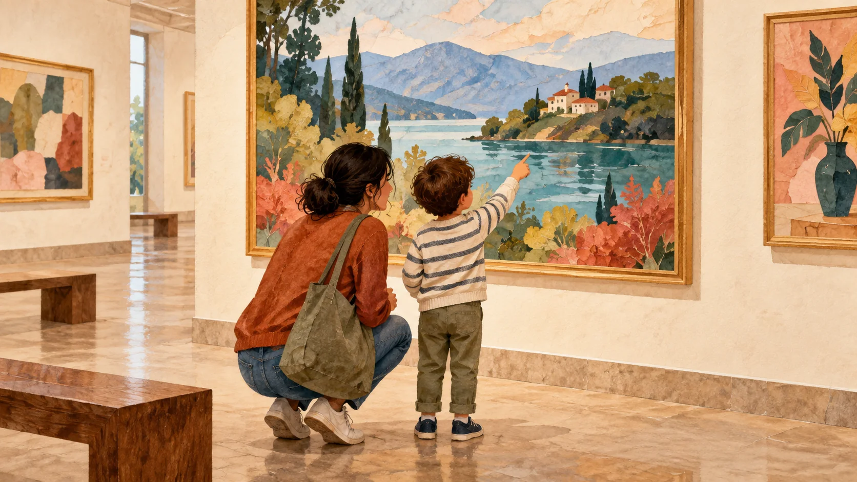 Una madre escucha a un niño que señala un detalle de un paisaje pintado en una sala de museo